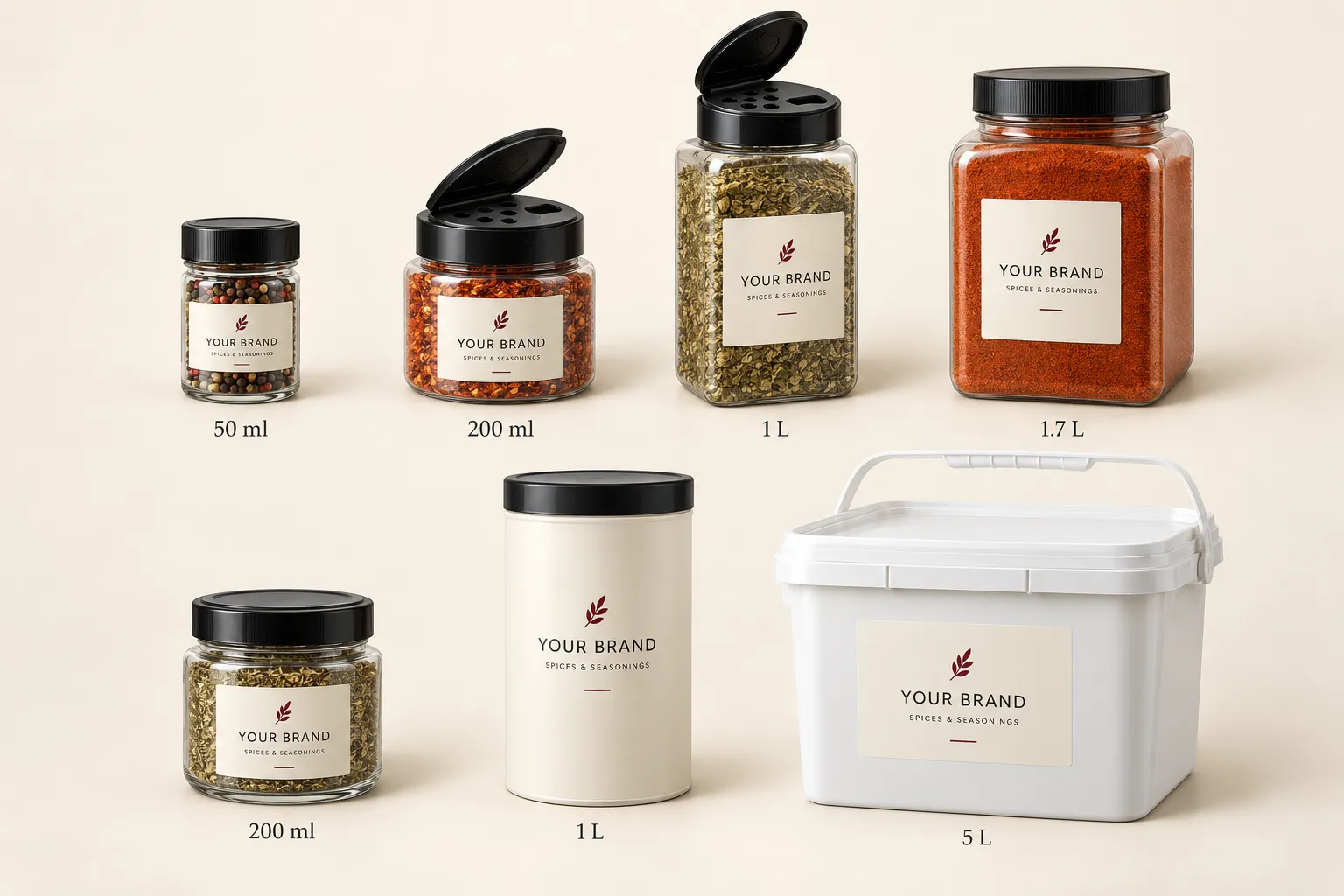 Jars, cans and buckets with your label